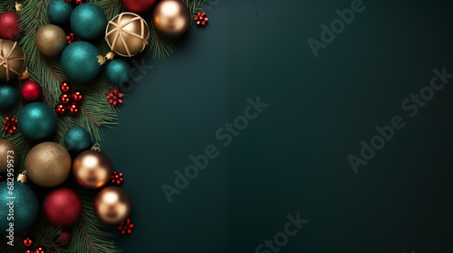 A creative arrangement of Christmas baubles and pine branches forming a tree shape, Merry Christmas background, top view, with copy space