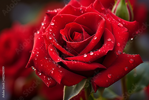 The water droplets on the red rose bloom in beautiful  natural shape.