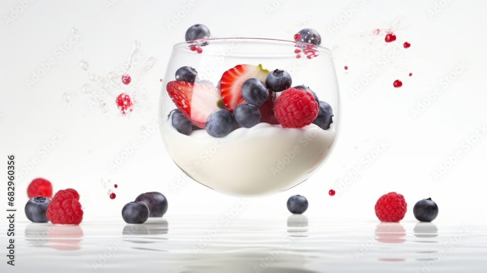 Healthy breakfast concept. Natural organic yogurt with flying levitation fresh berries ingredients. Creative food photography.   - obrazy, fototapety, plakaty 