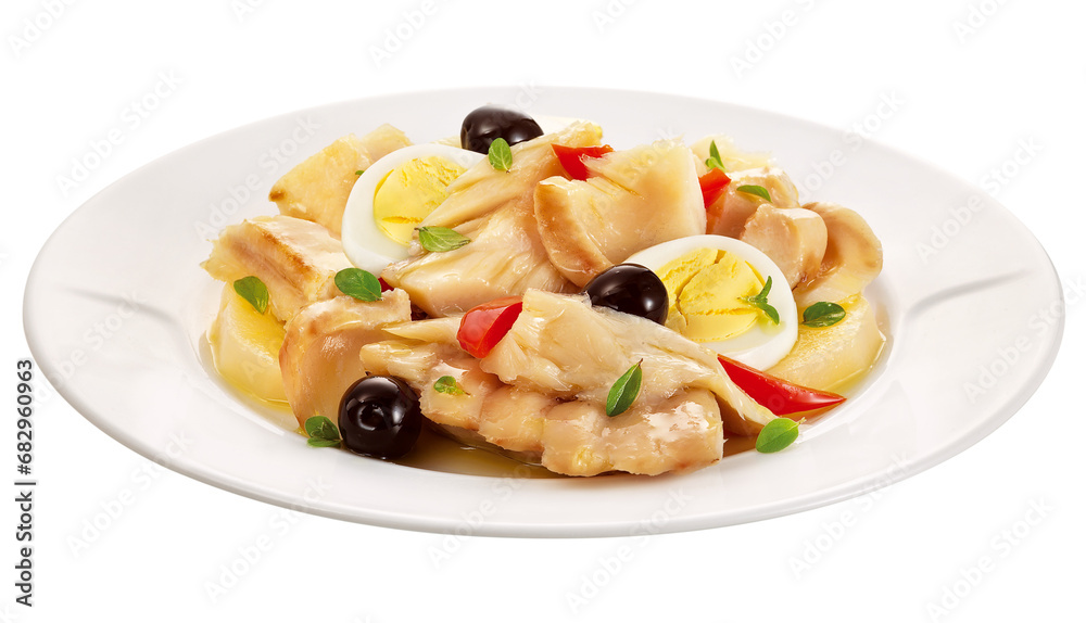prato com receita de bacalhau com ovo cozido, azeitonas pretas e pimentão isolado em fundo transparente - bacalhoada prato com receita de bacalhau com ovo cozido, azeitonas pretas e pimentão isolado em fundo transparente - bacalhoada