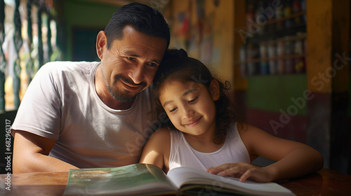 Happy Latino dad does homework with his daughter