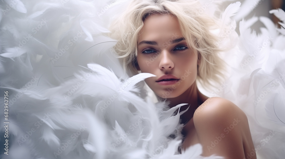 Model or ballerina in white dress on blurred background, banner, copy space. Portrait of a happy beautiful blond woman in beautiful dress having a party while standing under feathers rain background. Model or ballerina in white dress on blurred background, banner, copy space. Portrait of a happy beautiful blond woman in beautiful dress having a party while standing under feathers rain background.