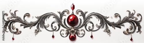 Beautiful, elegant red and silver acanthus illustration, Christmas ruby, garnets gems on metal twirling arabesques, foliage ornament decorative band, white background festive border, divider or frieze photo