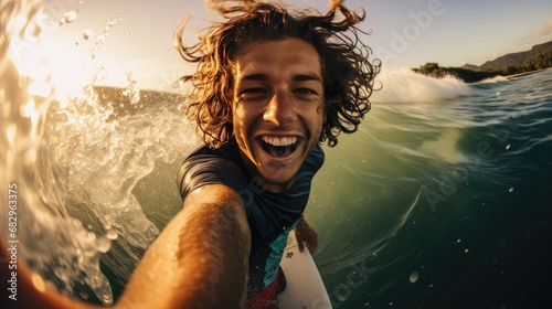 Portrait of a young man taking a selfie while surfing, wide angle lens
