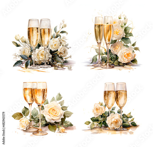 Watercolor illustration wedding champagne with flowers in gold color photo