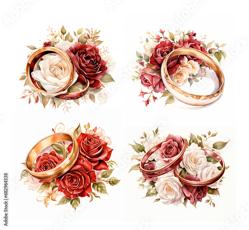 Watercolor illustration wedding rings with flowers red marsala