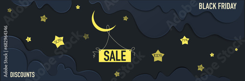 Black Friday. Evening sale, discounts. Evening sky. Clouds, crescent moon with stars. Cartoon paper cut out 