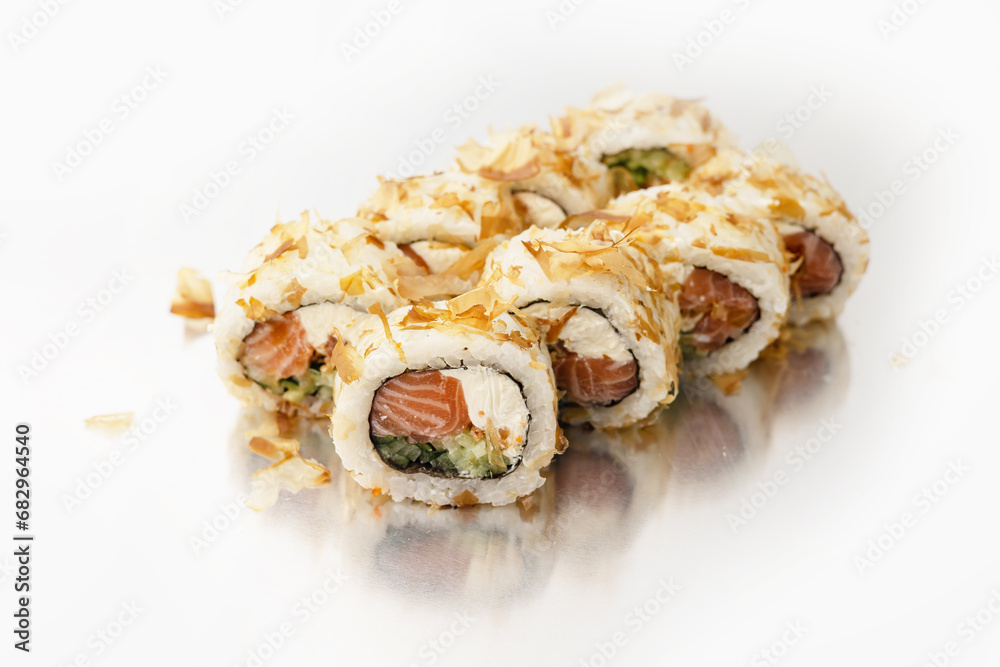 Japanese cuisine. Delicious rolls with salmon