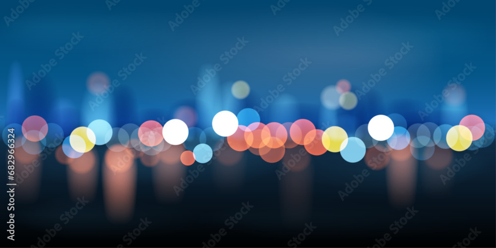 Beautiful horizontal background with a night city in glowing multi-colored lights from lanterns. Vector illustration.