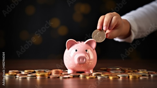 Child's hand placing coins into a pink piggy bank, concept of financial education and saving money from an early age with scattered coins on table.Ai generated