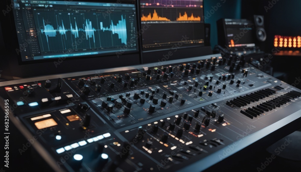 Modern Music Record Studio Control Desk with Laptop Screen Showing User Interface of Digital Audio Modern Music Record Studio Control Desk with Laptop Screen Showing User Interface of Digital Audio