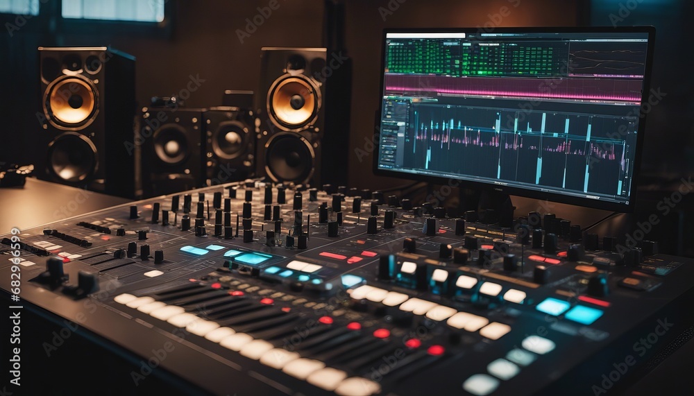 Modern Music Record Studio Control Desk with Laptop Screen Showing User Interface of Digital Audio Modern Music Record Studio Control Desk with Laptop Screen Showing User Interface of Digital Audio