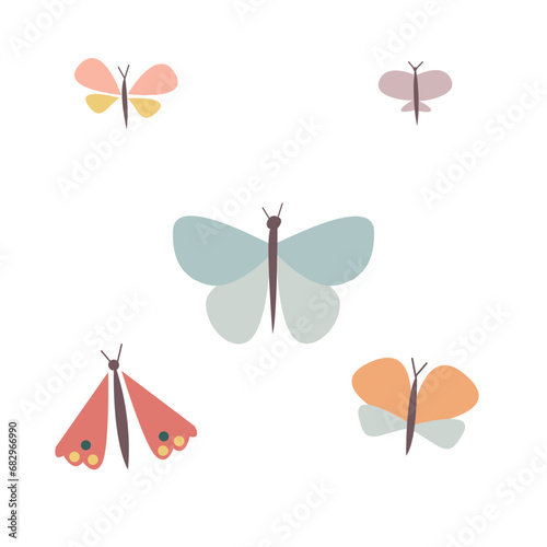 A set of colorful butterflies in a cartoon style.