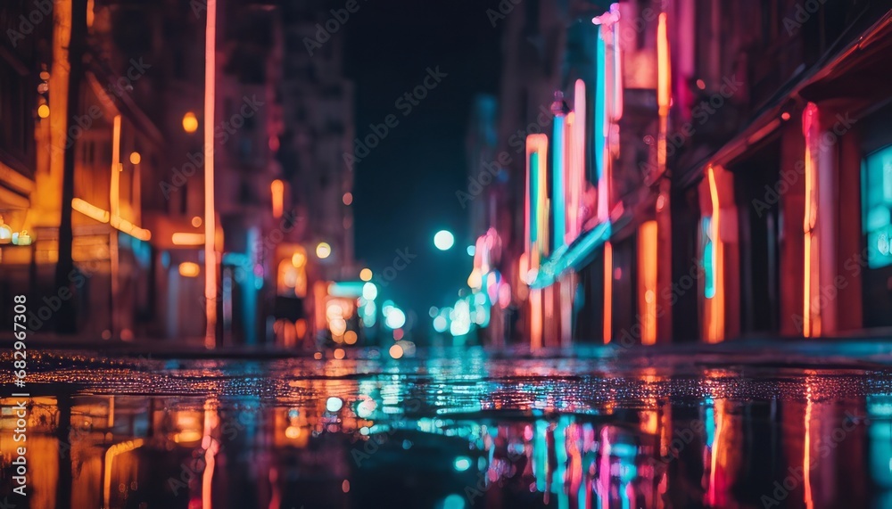 Multi-colored neon lights on a dark city street, reflection of neon light in puddles and water Multi-colored neon lights on a dark city street, reflection of neon light in puddles and water