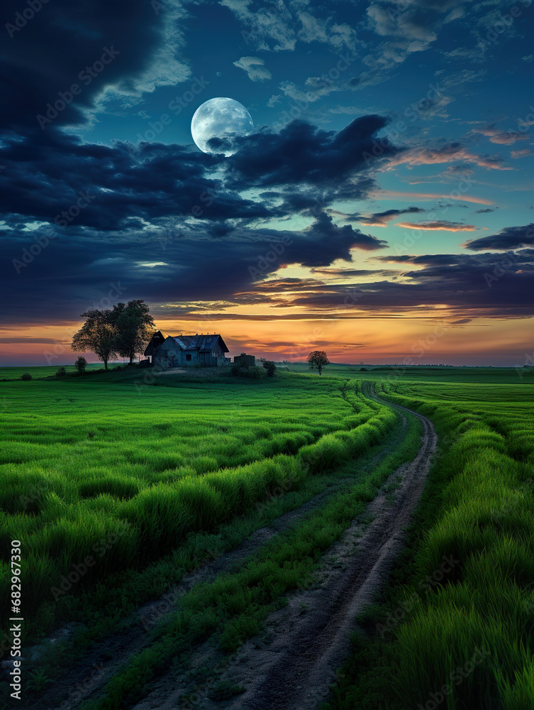Fototapeta premium Dirt Road through a Lush Green Field. Generative Ai