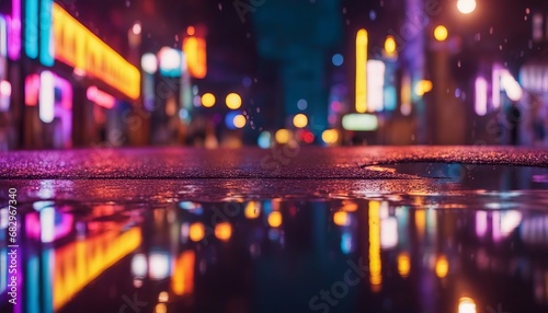 Multi-colored neon lights on a dark city street  reflection of neon light in puddles and water