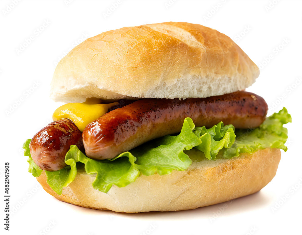Bratwurst in bread roll with mustard isolated on white background; Bratwurst in bread roll with mustard isolated on white background;