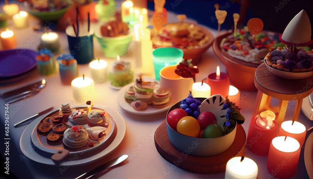 Catered tables adorned with delightful treats for kids and children: creatively presented cakes, pastries, sweets, and fruits. Colorful array of delectable snacks for cheerful and festive atmosphere