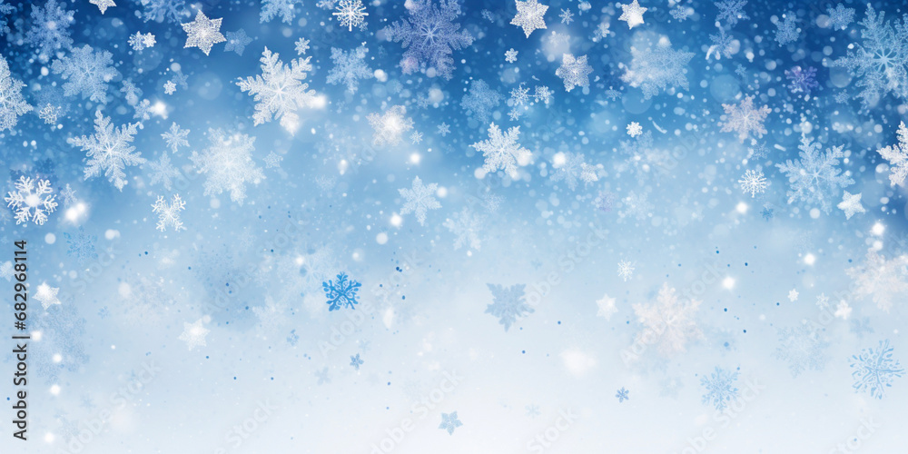 Christmas background with falling snowflakes, white and blue shades, beautiful decoration. Banner