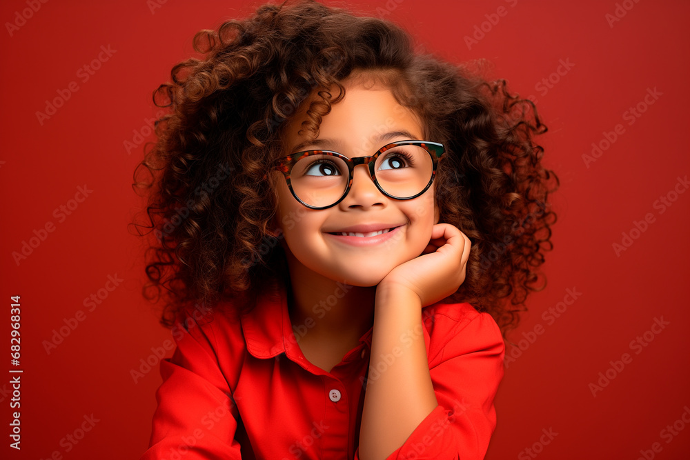 Obraz premium Funny and elegant 5 year old south american girl in glasses poses in the studio. looking at camera on bright background 