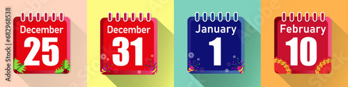 Vector calendar icon of high season on December 25 and 31, January 1 and February 10