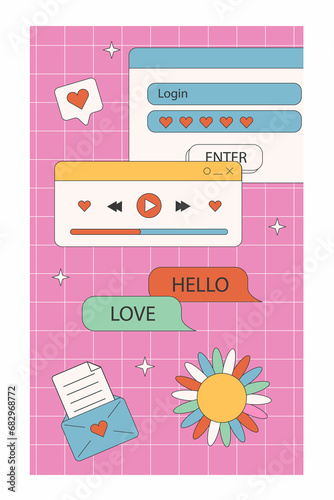 Social media vertical banners templates in old school nostalgic design with computer interface elements. Retro 80s 90s aesthetic backgrounds. vintage ig stories in vaporwave Y2K style. 