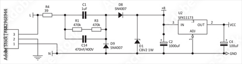 Schematic diagram of electronic device voltage stabilizer.
Vector technical drawing electrical circuit with integrated circuit,
capacitor, resistor, diode, connector
and other electronic components.