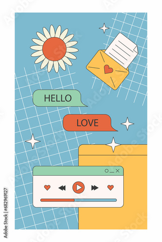 Cute nostalgic 90s retro vaporwave post and story template. Social media stories and posts with old computer aesthetic ui elements. Illustration of retro groovy abstract interface.