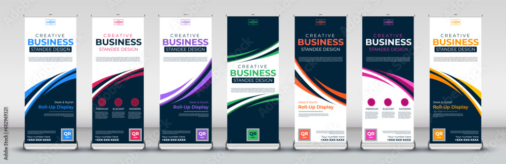 Modern roll up Banner Design set for signboard Advertising Template standee X banner for Street Business in red, green, blue, yellow, orange, purple, orange for events - obrazy, fototapety, plakaty 