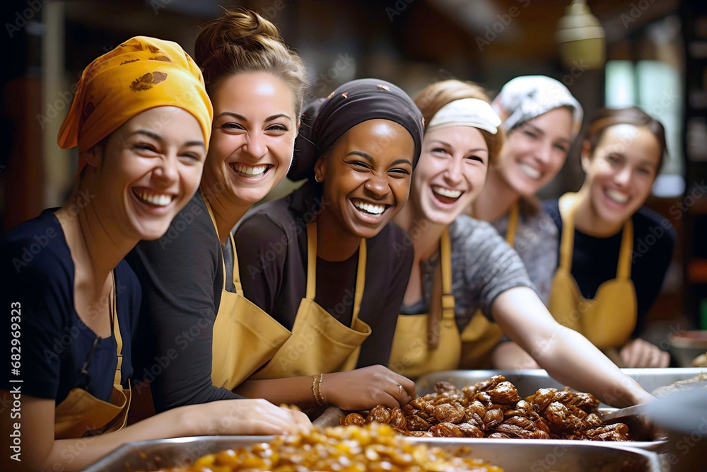 Girls of different nationalities cook food together and have fun - obrazy, fototapety, plakaty 