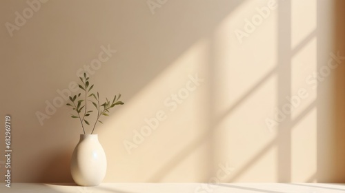 Minimal product placement background with palm shadow on cement wall, elegant summer interior architecture. Product platform