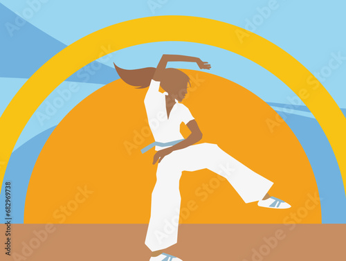 Woman practicing karate early morning. Modern Life style in an urban city vector Illustration.