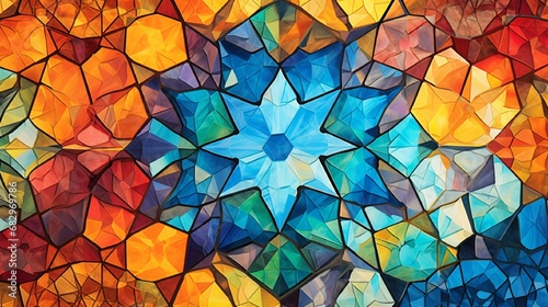 A kaleidoscope of vibrant  interlocking polygons resembling a mesmerizing mosaic.
