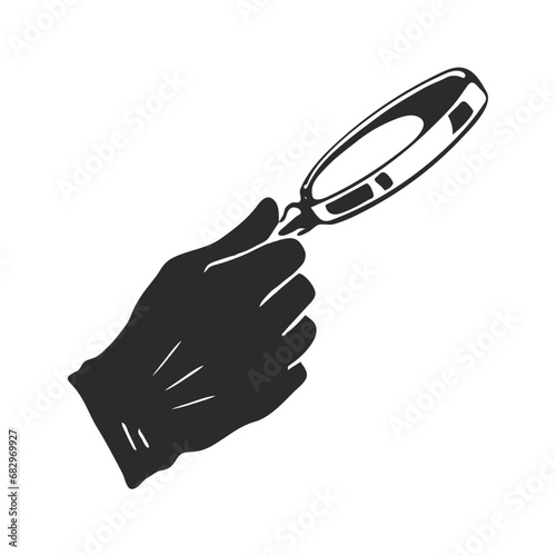 Detective hand in glove with magnifying glass. Investigation and search for evidence. Vector illustration. Black and white sketch ink