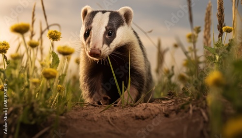 A Majestic Badger Amidst a Vibrant Meadow of Blossoming Wildflowers