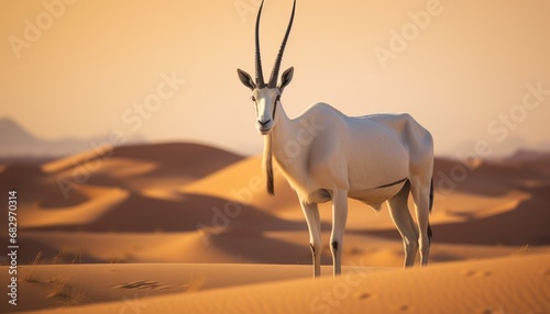 An Elegant Arabian Oryx Silhouetted Against the Setting Sun in the Vast Desert