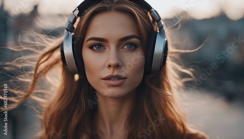 romantic portrait of a beautiful girl in headphones with flying hair from the wind