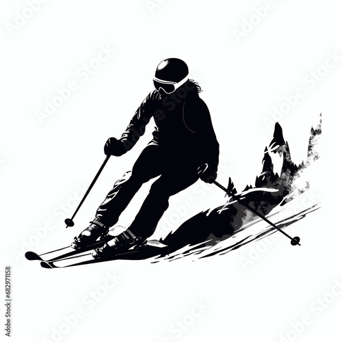 Silhouette of a male skier during a downhill, giant slalom descent on the snow photo