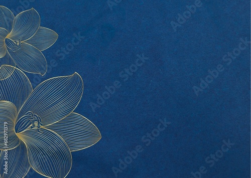 Luxury blue background with gold flower outline