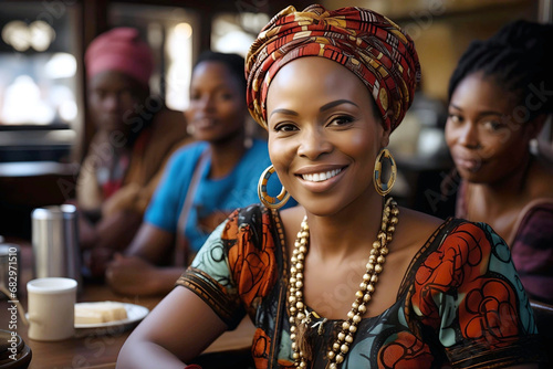 An african woman about 35 years old in her local restaurant interacting with clients