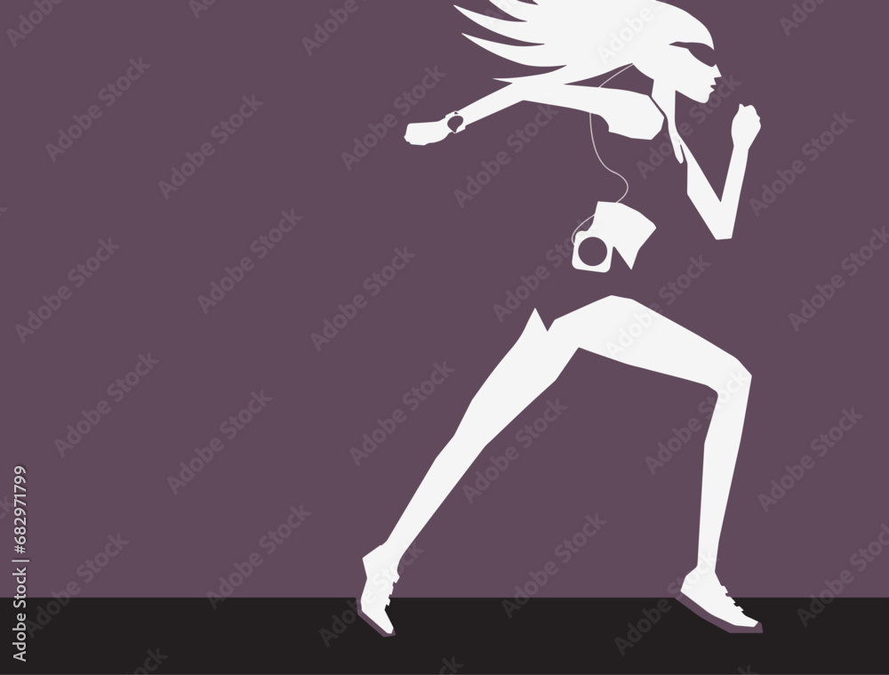 Girl running for fitness while listening to music. Modern Life style in an urban city vector Illustration.
