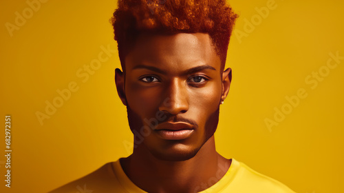 Portrait of an elegant sexy smiling African man with dark, perfect skin, red hair, on a yellow background.