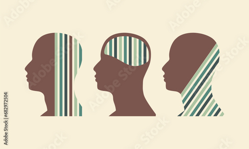 Man avatar profile view textured by lines pattern. Social and mental health psychiatric disease concept. Template for banner. Sliced collage