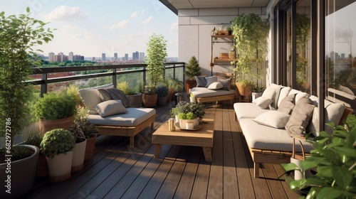 A balcony garden with raised planters, hanging baskets, and cozy seating, creating a serene outdoor retreat. © Sky arts