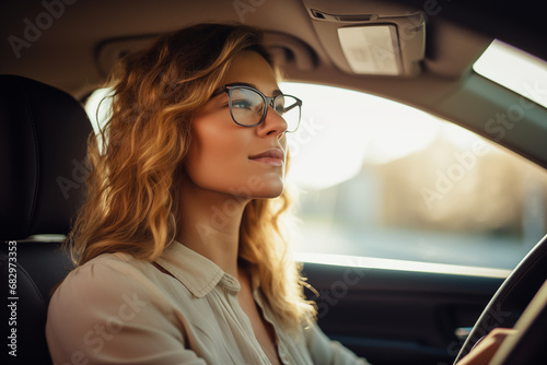 Beautiful young woman in glasses driving a car