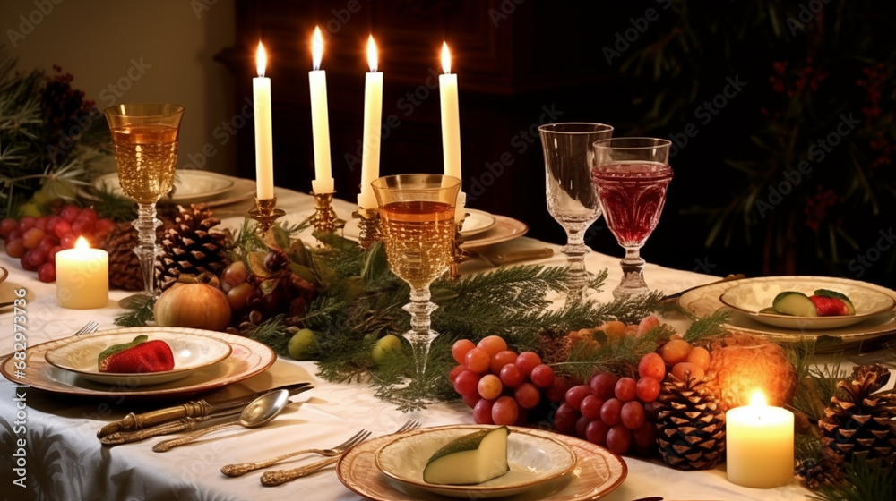 Candlemas Feast Table: Photograph a beautifully set table for a Candlemas feast, featuring candles of various sizes, creating an inviting and celebratory ambiance