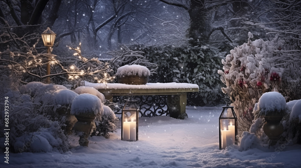 Obraz premium Snowy Candlelight Garden: Create a magical scene by photographing a winter garden illuminated by candles, with snow-covered landscapes adding to the enchantment of Candlemas Day