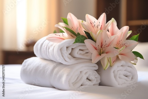 A hotel maid stacked towels on the bed and placed flowers on the towels in a hotel room.
