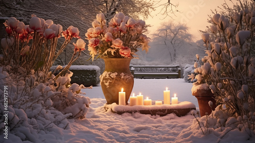 Snowy Candlelight Garden: Create a magical scene by photographing a winter garden illuminated by candles, with snow-covered landscapes adding to the enchantment of Candlemas Day photo
