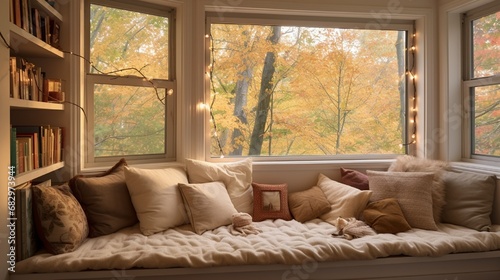 A bedroom with a built-in window seat, adorned with plush cushions and throw blankets for a comfortable retreat.